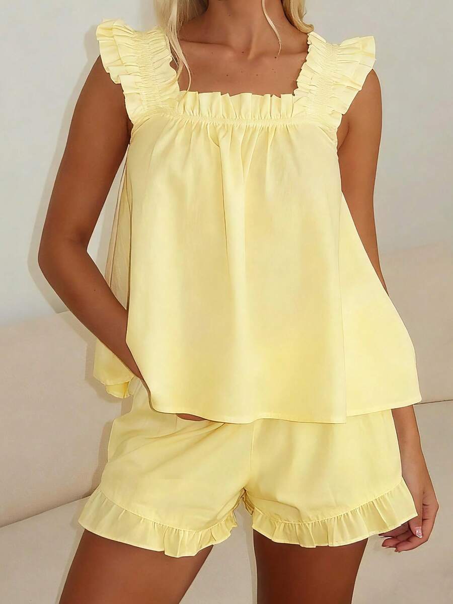 Womens Summer Pajamas Set Y2K Flying Sleeve Ruffle Trim Cami Tank Tops And Shorts Set Coquette 2 Piece Pajama Loungewear - 黃色 - 查看 1