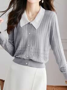 Women's Turndown Collar Knitted Cardigan, Elegant Age-Reducing, New Autumn/Winter Fashion Slim Fit Sweater Top - Gray - View 2