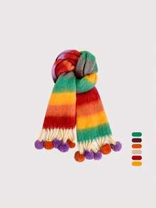 1 Stück Regenbogen Ball Dekor Damen Herbst/Winter Faux Kaschmir gestreifter flauschiger Mohair Plaid dicker Quasten Hänge Ball Schal, warm, modisch, weich, bequem, geeignet für Reisen und den täglichen Gebrauch - Regenbogen - Übersicht 4
