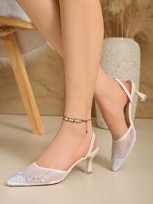 Nuevos sandalias de verano con tacón alto, punta cerrada, tira de tobillo y detalles de strass elegantes y de moda para mujeres - Blanco - Ver 2