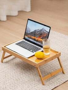 1pc Bamboo Multifunctional Foldable Laptop Desk, Slouchy Bedside Table, Dorm Room Simple Computer Desk With Cup Holder & Tray - Wood Color - View 2