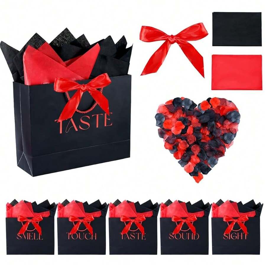 5 Senses Gift Bags For Him Her Five Senses Gift Bags Sight Smell Touch Taste Sound Bags With Ribbon Handles Tissue Paper Petals For Party Birthday,Wedding,Valentine's Day(Red,Black) - 紅黑 - 查看 1