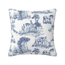 Toile Pillow Covers,French Country Decor,Vintage Pillow Case,Coastal Grandma Decor,Blue And White Pillow Cover,Horse Pillow Cover, Throw Pillow Cover,18 * 18 Inches - 法國茹伊藍白 - 查看 2