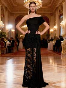 UNITHORSE Asymmetric Neck Short Sleeve Cinched Waist Twist Decor Mesh Fabric Elegant Evening Dress - Black - View 1