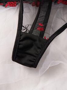 两件套女士性感内衣套装，黑色刺绣花卉文胸和内裤套装，情人节约会之夜装扮 - 黑色 - 查看 6