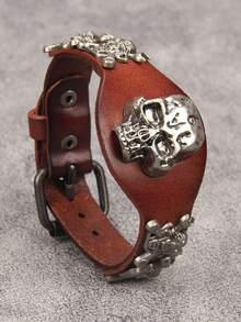 1pc Punk Skull Leather Bracelet, Adjustable Buckle Unisex Wristband For Daily Wear, Party Outfit, Couples, Gifts For Siblings