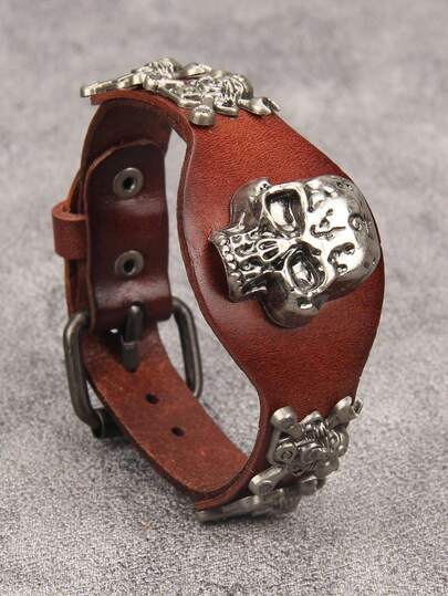 1pc Punk Skull Leather Bracelet, Adjustable Buckle Unisex Wristband For Daily Wear, Party Outfit, Couples, Gifts For Siblings