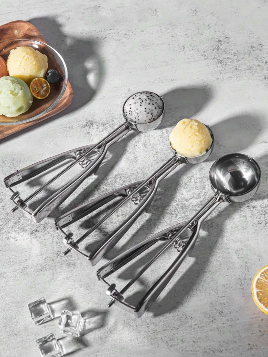 3pcs/Set Ice Cream Scoops, Premium Cookie Scoops, Small/Medium/Large Stainless Steel Scoops, Professional Ice Cream Scoop With Trigger Release, Suitable For Baking, Cookies, Fruits And Ice Cream