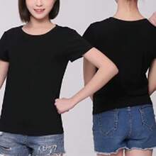 Camiseta de algodón de manga corta negra, holgada, informal, de moda, con cuello redondo, blusa para trabajo de oficina, negra, XL - Negro - Ver 9