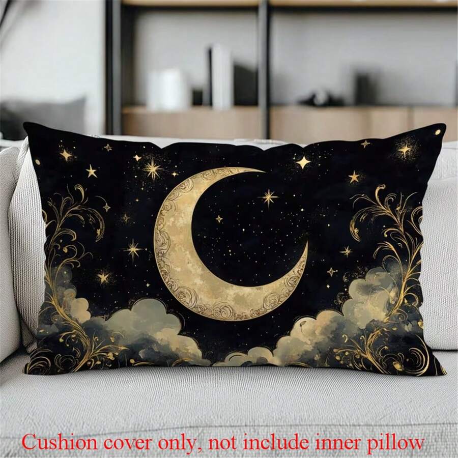 1pc Of Ramadan-Themed Star And Moon Illustration, Single-Sided Printed Cushion Cover For Sofa - Peach Skin Velvet Cushion Cover 30*50cm,Waist Cushion Cover - Black - View 1