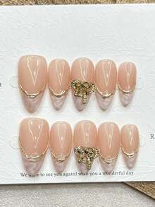 10pcs Pink Gold-Plated French Manicure Y2K Almond-Shaped Nails, Metal Bow Decor, Nude Minimalist Handmade Nail Art Accessories, Press-On Nails