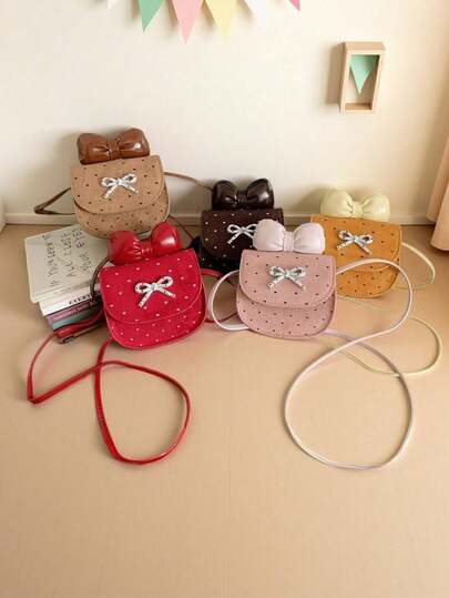 1pc Girls Polka Dot Bow PU Magnetic Closure Cute Mini Crossbody Bag, Suitable For Daily Use All Seasons