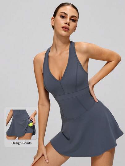 MASKERT 女士V领无袖收腰运动连衣裙，A字裙摆，塑形修身，适合网球和健身运动