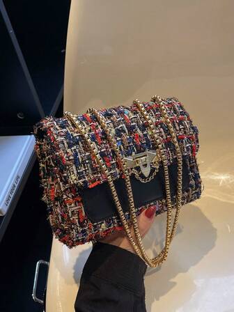 1 pezzo Borsa quadrata piccola in lana a quadri nera e colorata, borsa a tracolla con catena alla moda per l'autunno/inverno 2024, con chiusura a gancio, elegante e chic per uso quotidiano, appuntamenti, regali, feste