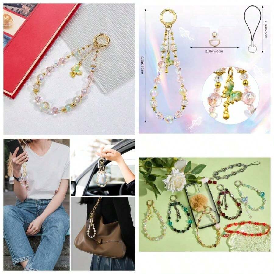 串珠手机手链挂绳，手机蝴蝶结吊坠腕带挂绳，可爱风，相机包配件，兼容安卓及大多数智能手机，送给母亲、家人、朋友、孩子、生日、节日的礼物 - 綠色 - 查看 1