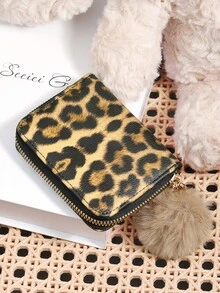 With A Pom-Pom Charm,Leopard Print Pattern Versatile Coin Wallet,Zipper Card Holder Multi-Card Card Organizer For Storage Credit Cards,Lightweight Minimalist,Fashion,Modern,Business,For Anniversary,For Christmas,On Valentine Day,For Birthday Gift,For Gift,For Lover For Women,For Girls,For Lady,For Female,Bag School Supplies For School Dorm Room & Back To School - Khaki - View 4