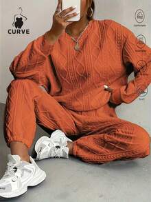 Women's Two-Piece Comfortable Knitted Sportswear (Loose Plus Orange), Loose, Long Sleeved Round Neck Top And Pocket Jogging Suit, Solid Color, New Year Set, Casual Outdoor Sportswear, Multi-Functional All Age Casual Wear | Knitted Fabric | Women's Minimalist Sportswear - 橘色 - 查看 1