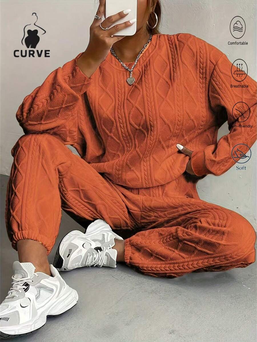 Women's Two-Piece Comfortable Knitted Sportswear (Loose Plus Orange), Loose, Long Sleeved Round Neck Top And Pocket Jogging Suit, Solid Color, New Year Set, Casual Outdoor Sportswear, Multi-Functional All Age Casual Wear | Knitted Fabric | Women's Minimalist Sportswear - 橘色 - 查看 1