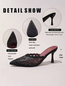 Giày cao gót hở gót ren thêu thời trang, giày dự tiệc mũi nhọn gợi cảm, sandal cao gót màu đen thoáng khí dễ xỏ. - màu đen - Xem 3