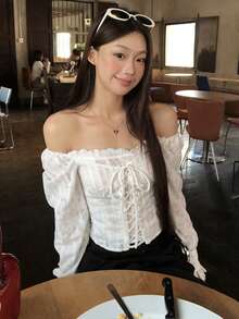 French Elegant White Tie-Up Blouse, Off-Shoulder Design, Spring/Autumn - White - View 7