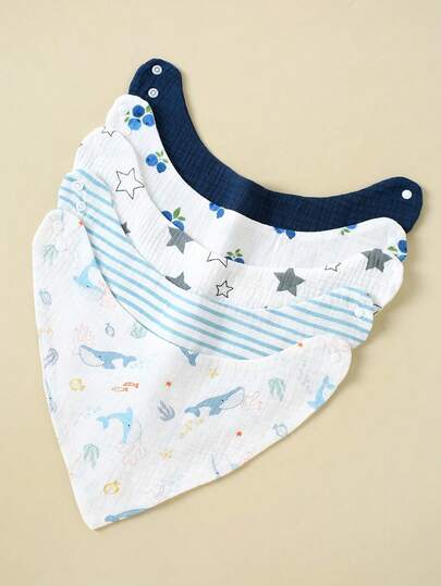 5件套婴儿围兜，柔软棉纱口水巾，花卉动物图案，男女宝宝通用