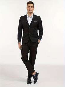 Men's Slim-Fit Black Formal Suit 2-Piece Jacket And Pants Set, Suitable For Office And Wedding Party Business Attire, Featuring Pocket Details Design - màu đen - Xem 3