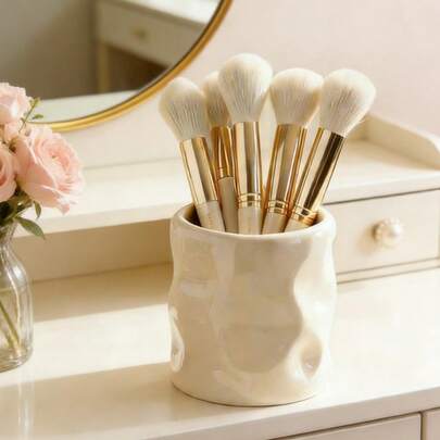 1pc Asymmetric Resin Makeup Brush Holder, Asymmetrical Vase Shape With Uneven Surface Embossing, Multifunctional Desktop Decor, Mini Vase And Storage Box, Suitable For Living Room, Bedroom And Office (White And Purple) , Makeup Room Decor,Makeup Bag,Travel Essential