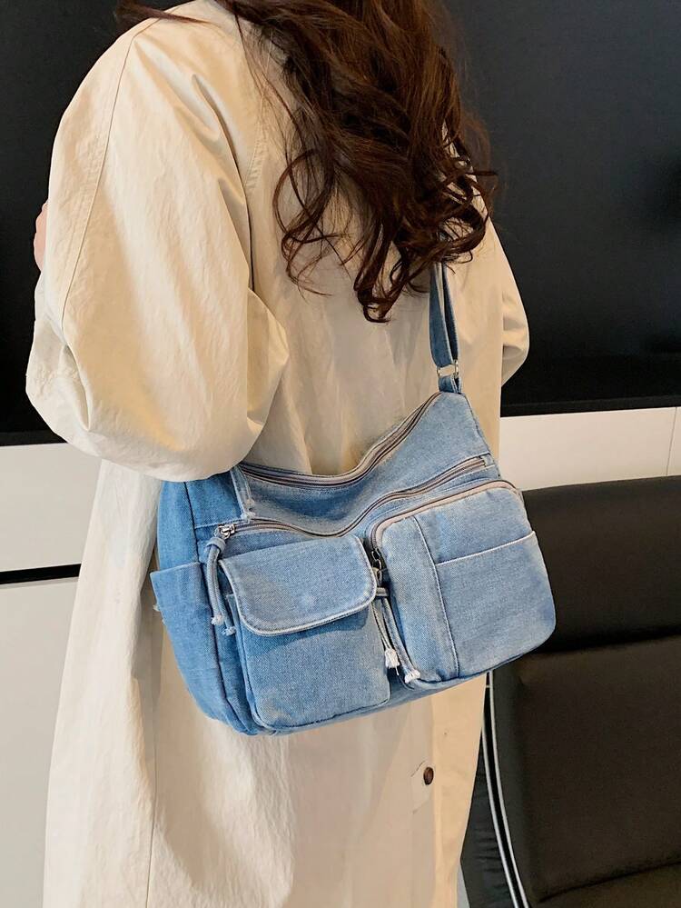 休閒時尚柔軟牛仔布多層斜背包，多口袋設計，百搭通勤大容量女款單肩包，適合通勤使用 - 藍色 - 查看 6