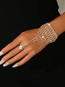 1 pieza Cadena de dedo versátil y con estilo con rhinestones, adecuada para que las mujeres la lleven puesta en bodas, banquetes, fiestas y en la vida diaria - Dorado - Ver 5