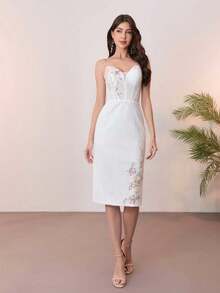 优雅无袖V领蕾丝贴花中长连衣裙，白色，适合新娘送礼会或白色A字婚纱 - 米色 - 查看 3