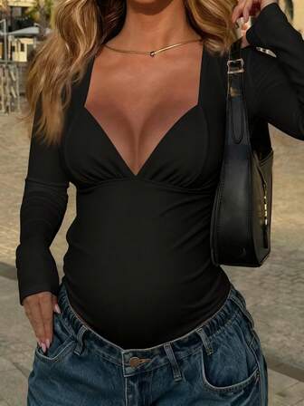 Comfortable Maternity Bodysuit, Long Sleeve Deep V-Neck, High Stretch Fabric, Versatile Pregnancy Wear