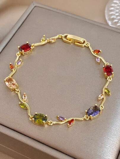 1 pieza Pulsera de cadena con forma de rosa de zirconia colorida arcoíris, chapada en oro de 18K, antidecoloración, elegante y lujosa, para mujer, para fiesta, cita, festival, regalo de cumpleaños, regalo para mamá, Navidad, boda, rave/baile de graduación/accesorios diarios, regalo para aniversario, Día de San Valentín, joyería bohemia, regalo para dama de honor