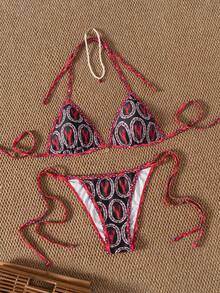 Bộ bikini hai mảnh buộc dây màu đỏ và đen tương phản ngẫu nhiên, in hình tôm càng dễ thương, dành cho nữ. - Nhiều màu - Xem 5