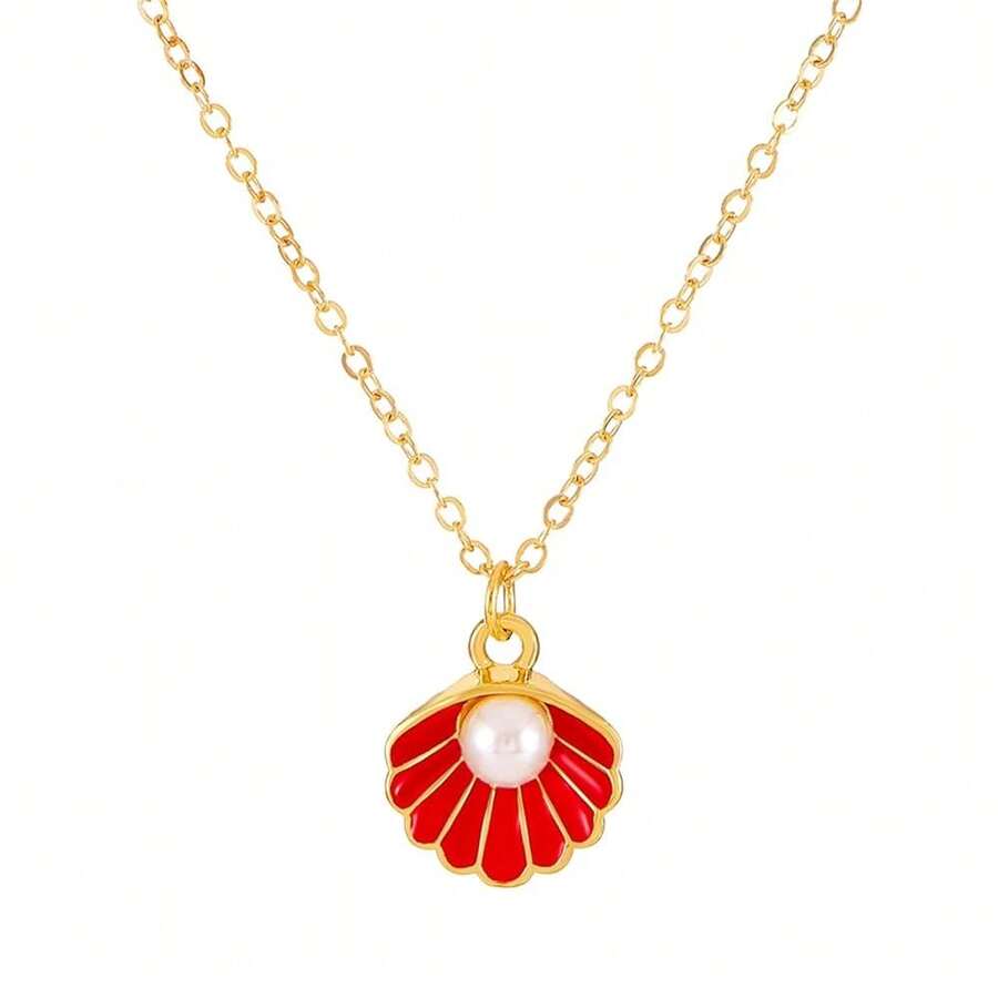Seashell Pearl Pendant Necklace Gold Plated Boho Enamel Pink Blue Scallop Sea Shell Starfish Ocean Animal Chain Necklace For Women Hawaiian Summer Beach Holiday Fashion Jewelry Gifts - 紅色的 - 查看 1