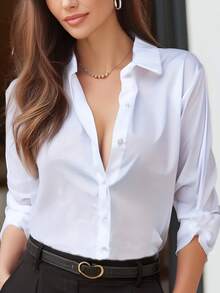 Women's Solid Color Button Loose Casual Shirt - White - View 1
