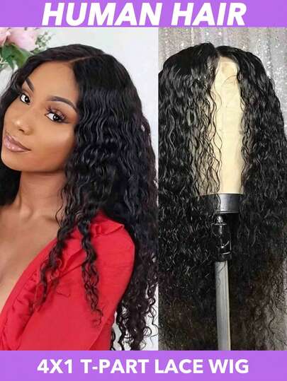 26 Inch T Part 4x1 Lace Front Wig Human Hair Water Wave Wig Human Hair Natural Black Lace Front Wig Human Hair 150% Density Pre Plucked Lace Front Wigs For Women #1B (8-30 Inch)