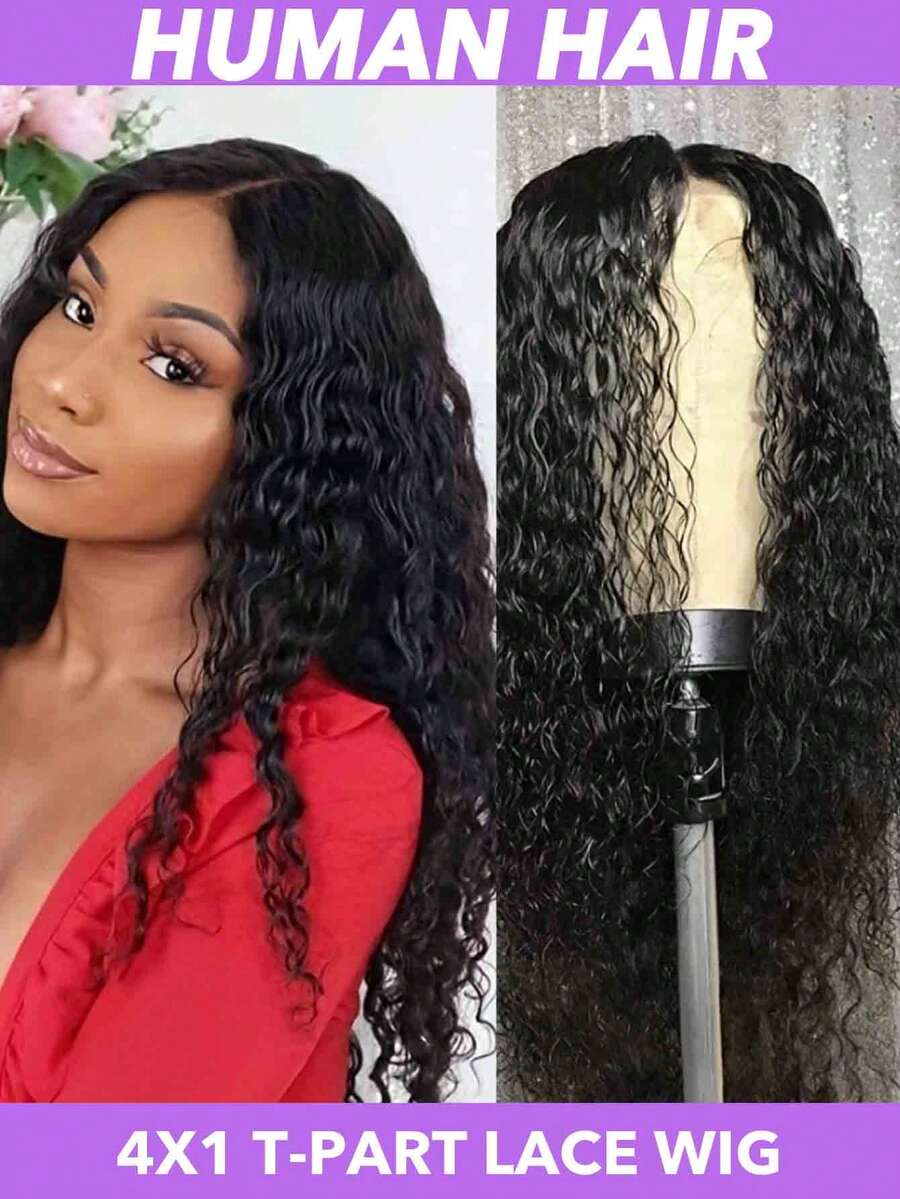 26 Inch T Part 4x1 Lace Front Wig Human Hair Water Wave Wig Human Hair Natural Black Lace Front Wig Human Hair 150% Density Pre Plucked Lace Front Wigs For Women #1B (8-30 Inch)