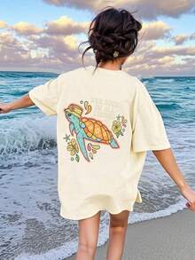 Tween Girls' Casual Stylish Creative Minimalist Sea Turtle Graphic T-Shirt, Suitable For Children's Summer Top, Teens Shirt - Apricot - View 3