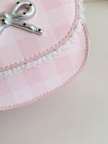 1个女童格子蝴蝶结蕾丝边PU磁扣时尚斜挎包，适合日常四季使用 - A - 查看 8