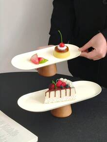 1pc Stainless Steel Oval Cream Bread Tray, Elegant Afternoon Tea Cake Stand, Rectangular Dessert Display & Storage Platter - Multicolor - View 7
