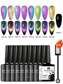 10件套 MSRUIOO 8ml 磁性凝胶指甲油套装，包含磁性棒、9D闪粉猫眼凝胶指甲油、8色磁性凝胶指甲油和黑色凝胶指甲油，可卸式凝胶指甲油，适用于家庭美甲沙龙。