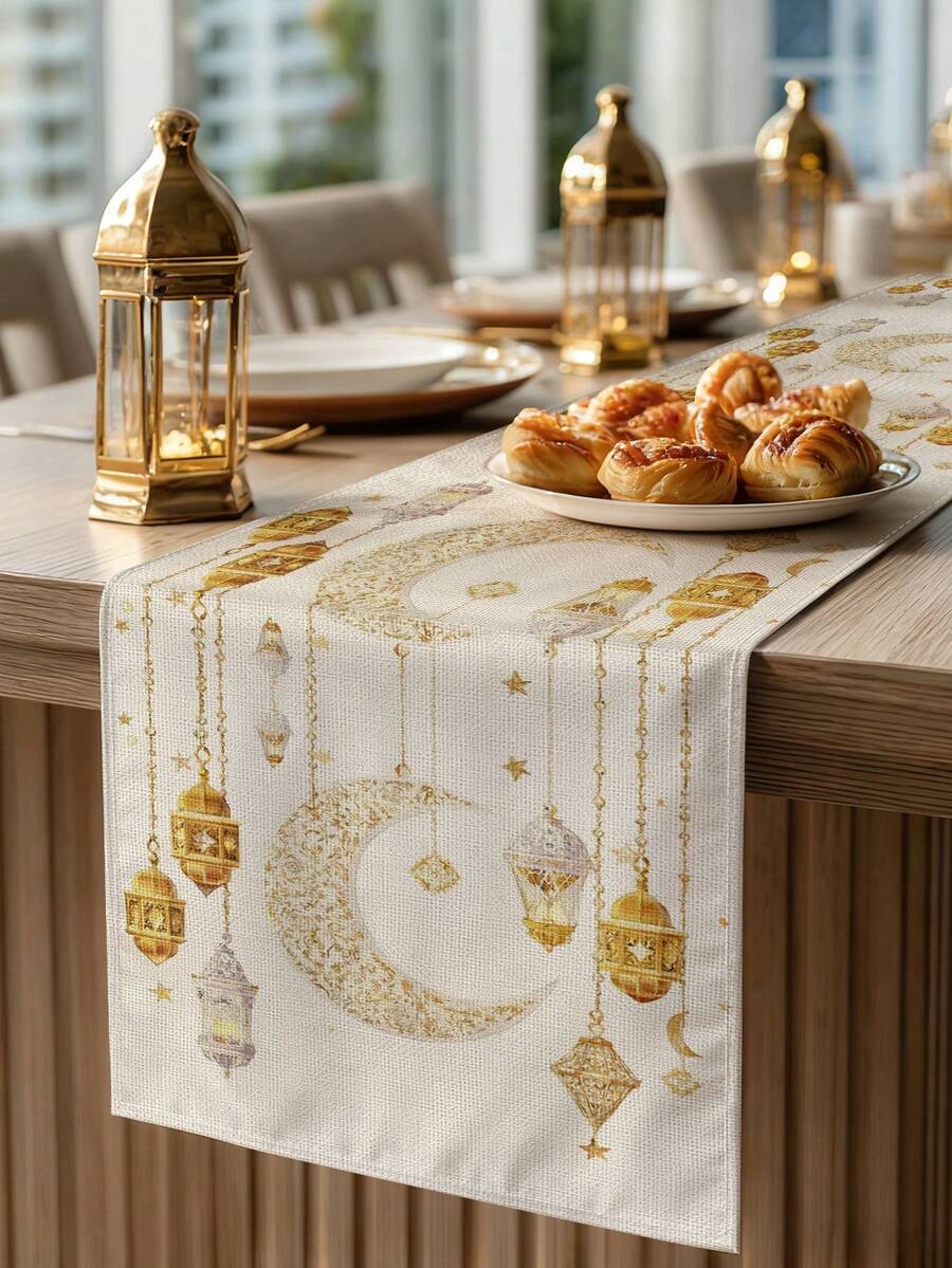 1 Stück Ramadan Halbmond Fanoos Muster Tischläufer, Ramadan Heim Dekoration Tischläufer, Islamische Heim Dekoration, 1 Stück Tischläufer, 4 Stücke Tischsets, 1 Stück Kissenbezug, 3 Produkte erhältlich, Heim Dekoration Innen/Außen Party Zubehör, Raum Dekoration. Geeignet für Ramadan Heim Küchen Dekoration und Ramadan Event Party Dekoration