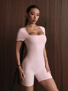 女士短袖连体裤 - 修身百搭，性感高腰设计，街头风，速干瑜伽健身运动连体裤，适合约会/通勤/海滩度假/拍照 - 粉色 - 查看 5