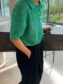 Men's Solid Color Hollow Polo Collar Short Sleeve Knit Sweater, Casual & Versatile, Spring/Summer - Green - View 5