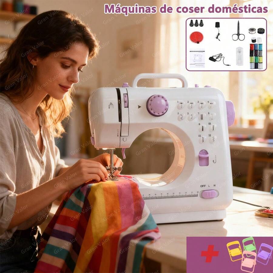 LÈRFM [MXBTG+]Máquina de coser overlock totalmente automática, pequeña, multifuncional, de escritorio, para uso doméstico, con pedal, luz, cortahilos y 9 regalos gratis [12 puntadas y pespunte]