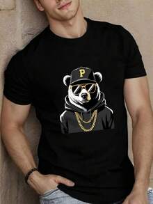 Oso con gorra, gafas de sol, sudadera y cadena redondo minimalista casual tops de mujer Camiseta en blanco estilo versátil envio nacional tops nacional hombres playeras ropa de verano mujer baggy ropa de hombre playera de hombre verano Camiseta color negro local camiseta linda camisetas para hombre ropa hombre hombres y2k ropa hombre camiseta Camiseta estampada - Negro - Ver 6