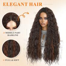 150% 密度女士长款波浪卷发假发 - 黑色 Kanekalon 高温丝，可调节帽围，适合所有肤色，浓密卷发，无蕾丝高温丝全头假发，适合日常佩戴 - 挑染棕色 - 查看 5