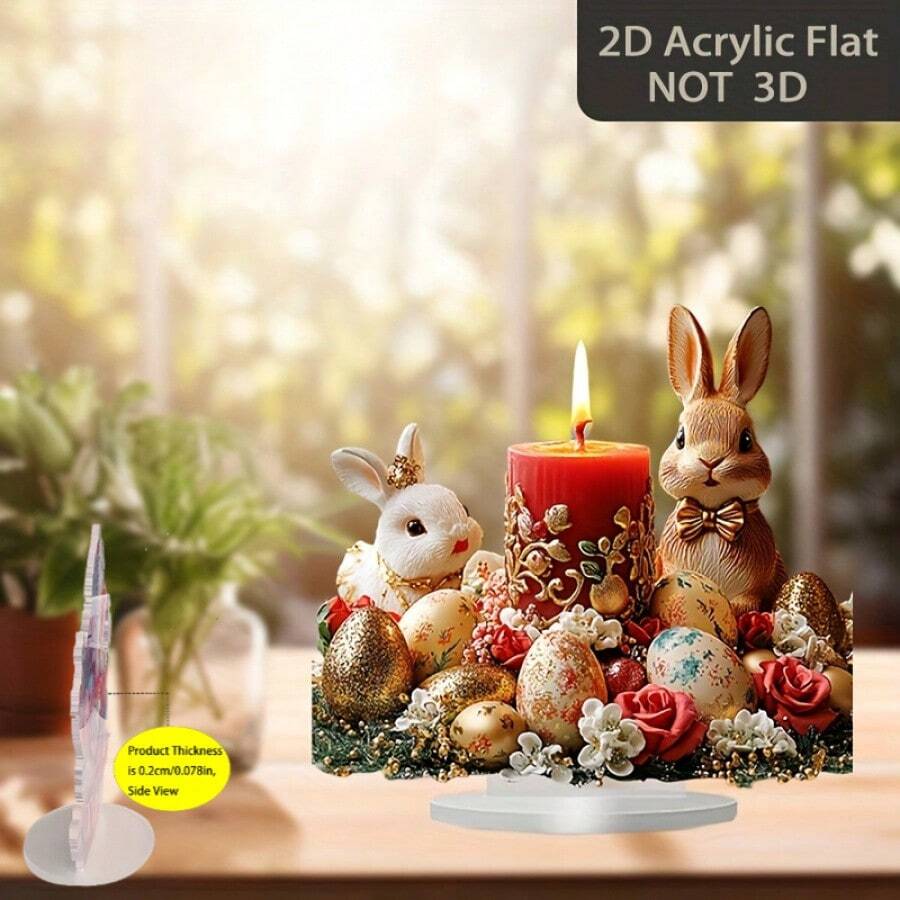 2D 波西米亚风亚克力复活节蜡烛装饰，饰有兔子和春季花卉图案 - 柔和色彩（粉色、金色、白色、红色、绿色） - 家居桌面中心装饰、复活节餐桌装饰、春季餐桌布置 - 无需电池/易于清洁