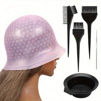 CTZIHGAO Hair Dye Kit, Includes Dye Cap, 6pcs Dye Tools, Reusable Professional Dye Tools, Hook Needle And Highlighting Bowl Brush, Home Silicone Highlighting Cap, Salon And Home Professional Hair Dye Tools, Dye Tools/Set
