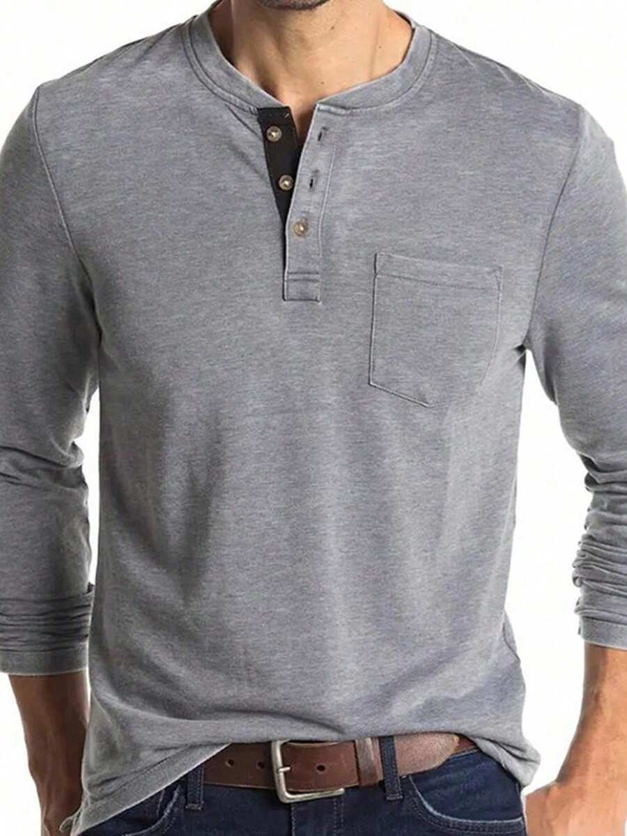 男士休闲运动风撞色领轻薄长袖Polo衫，可单穿或叠穿，轻松打造日常休闲造型 - 淺灰色 - 查看 1